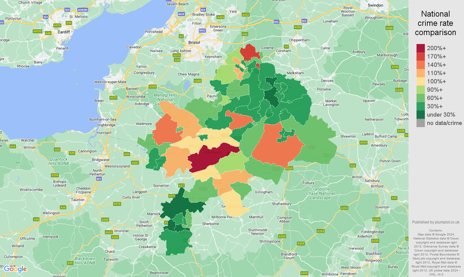 Bath burglary crime rate comparison map