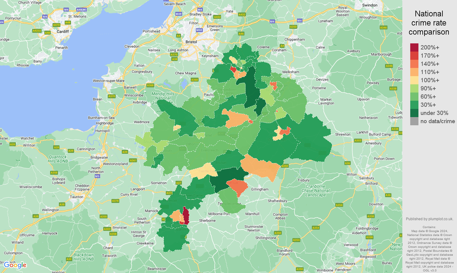 Bath criminal damage and arson crime rate comparison map