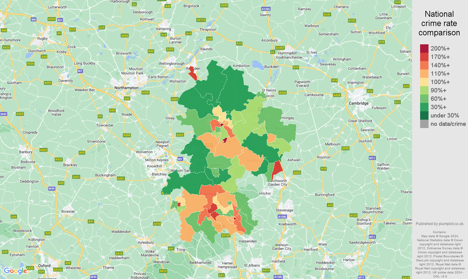 Bedfordshire antisocial behaviour crime rate comparison map
