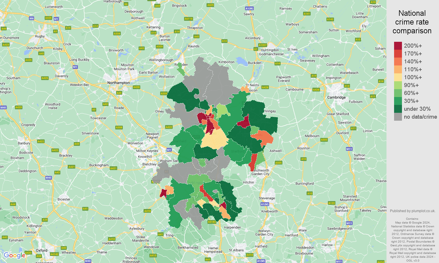 Bedfordshire bicycle theft crime rate comparison map