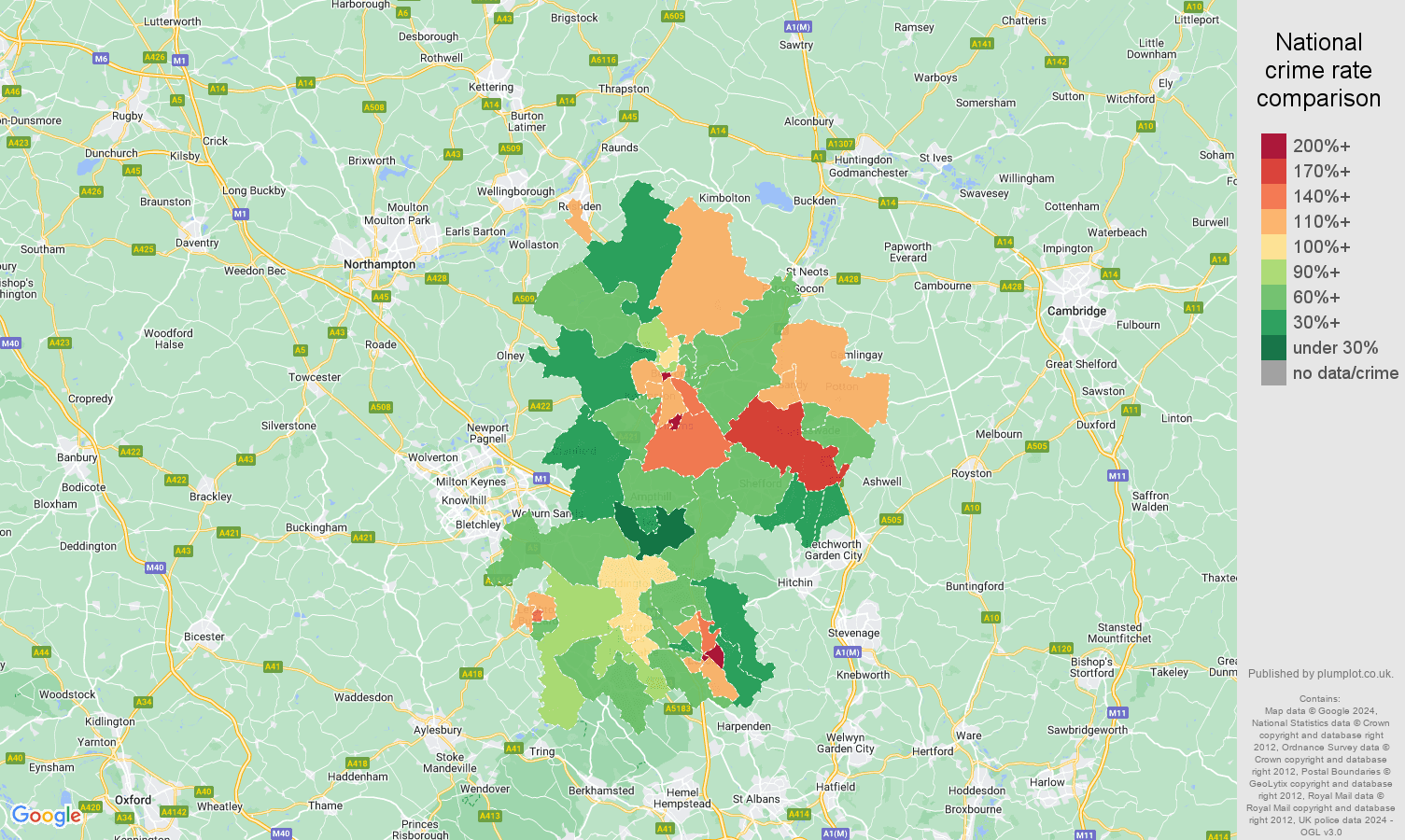 Bedfordshire burglary crime rate comparison map