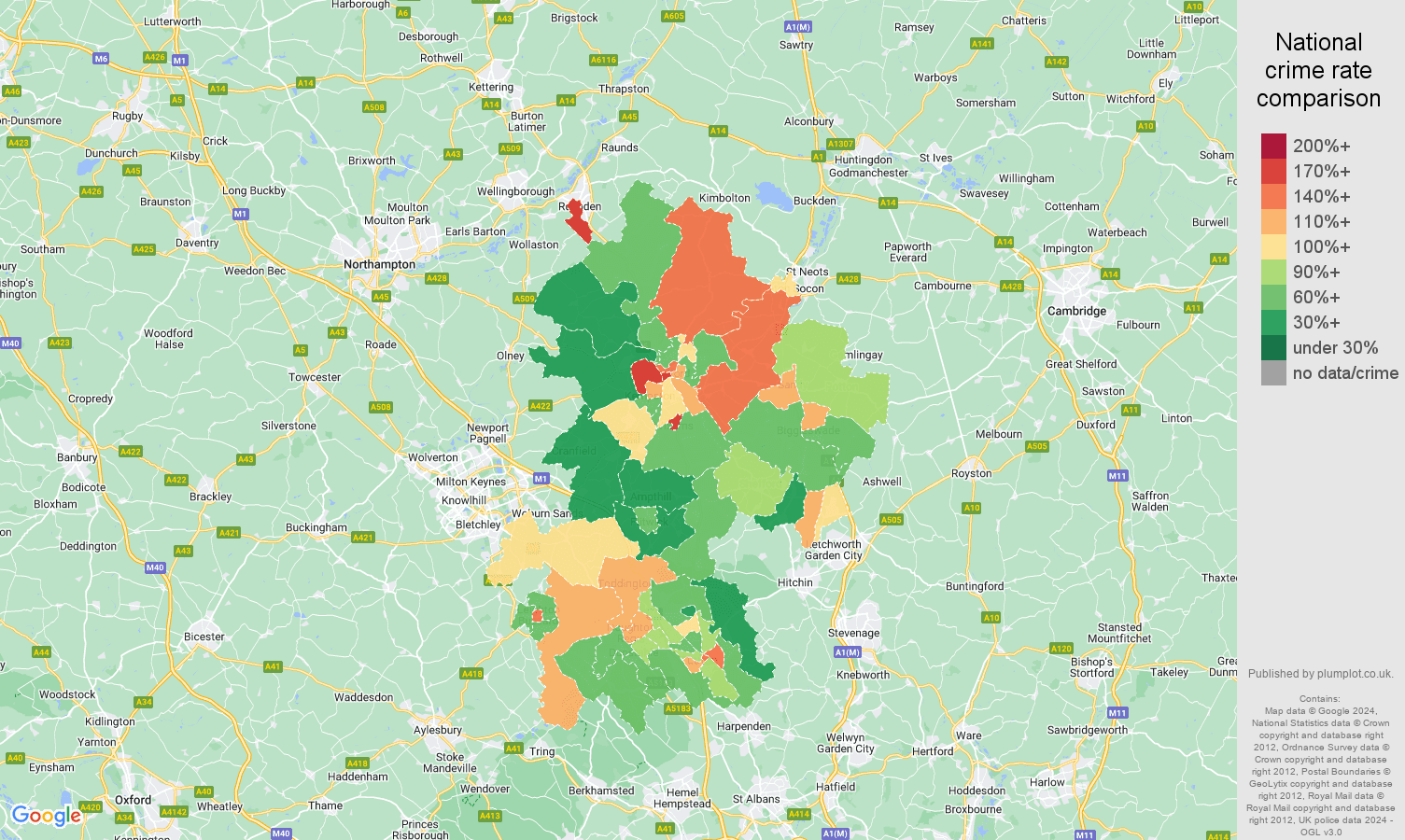 Bedfordshire criminal damage and arson crime rate comparison map