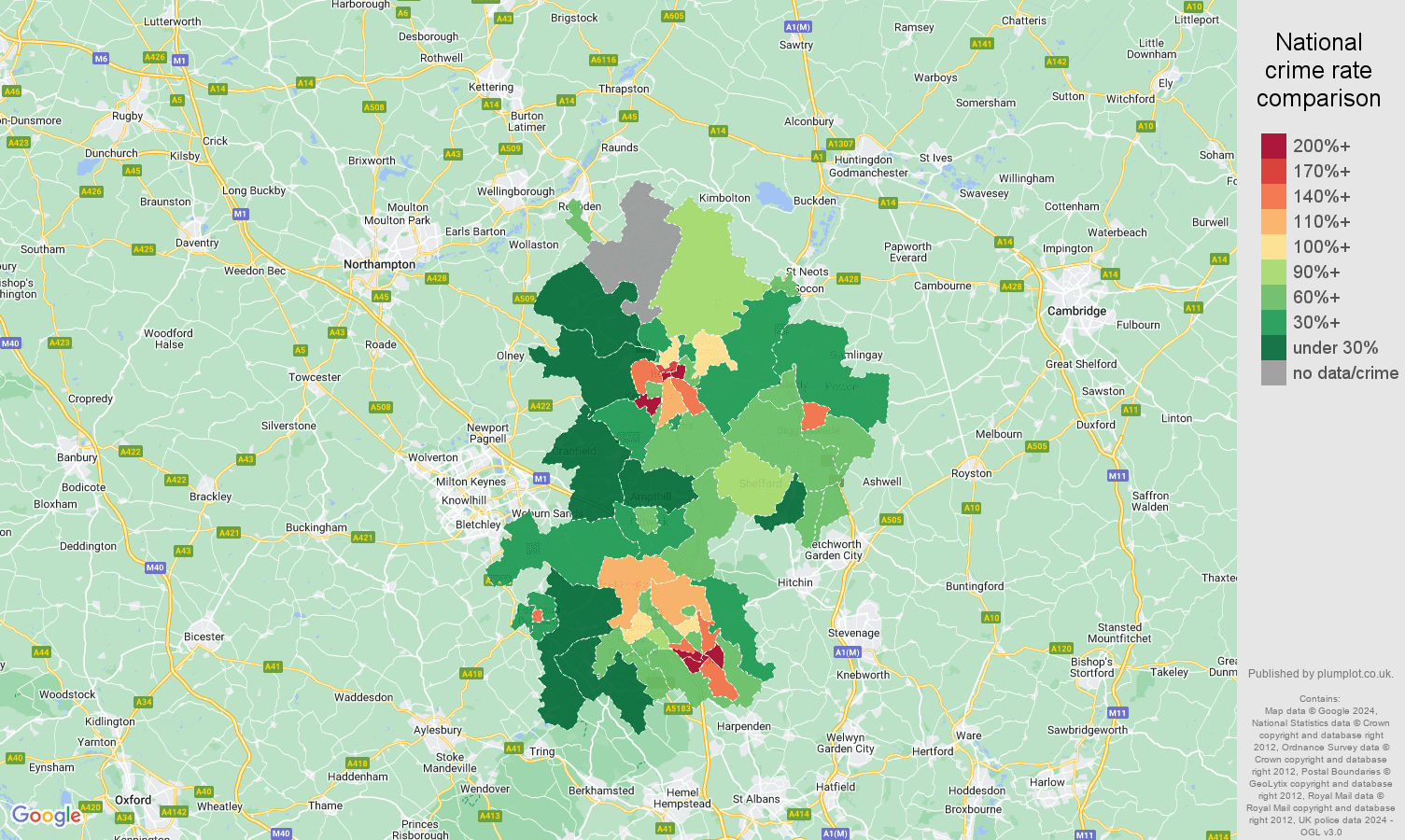 Bedfordshire drugs crime rate comparison map