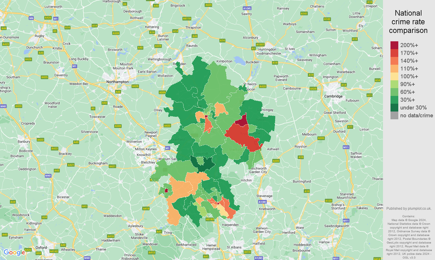 Bedfordshire other theft crime rate comparison map