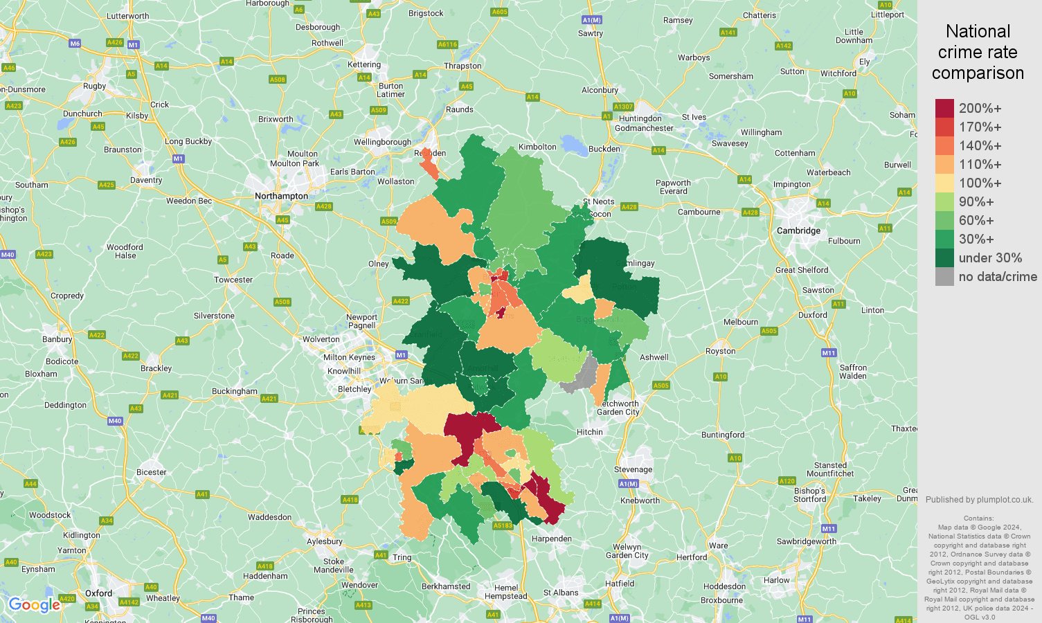 Bedfordshire possession of weapons crime rate comparison map