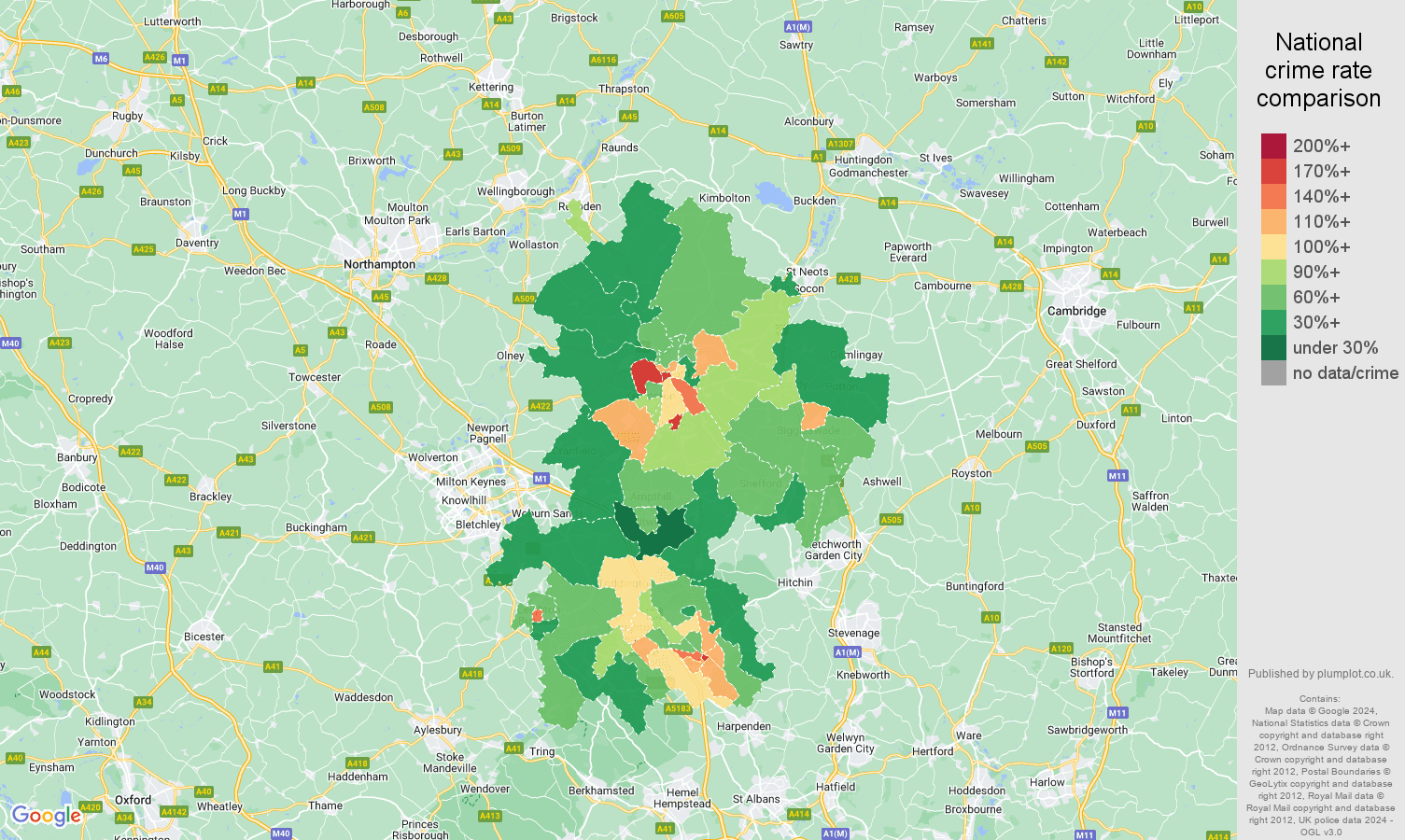 Bedfordshire public order crime rate comparison map