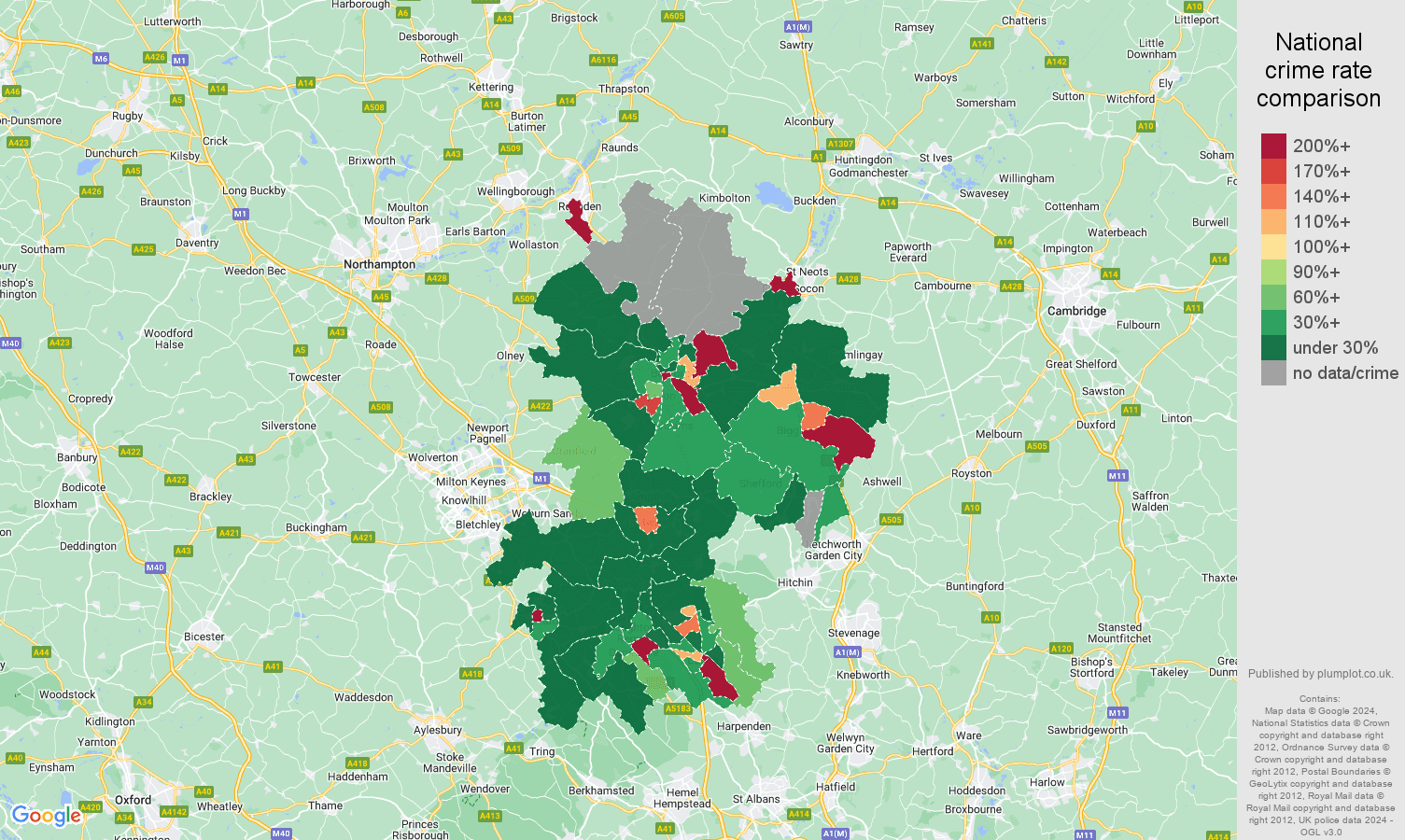 Bedfordshire shoplifting crime rate comparison map
