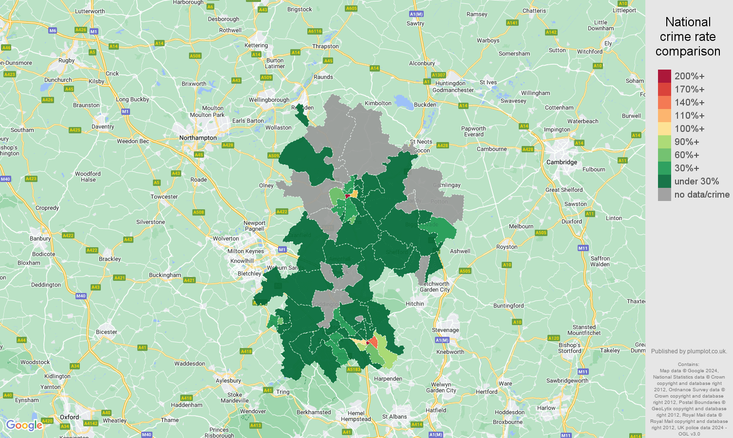 Bedfordshire theft from the person crime rate comparison map