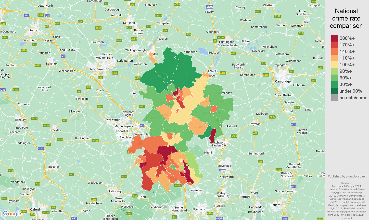 Bedfordshire vehicle crime rate comparison map