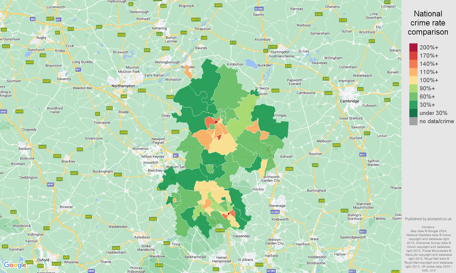 Bedfordshire violent crime rate comparison map