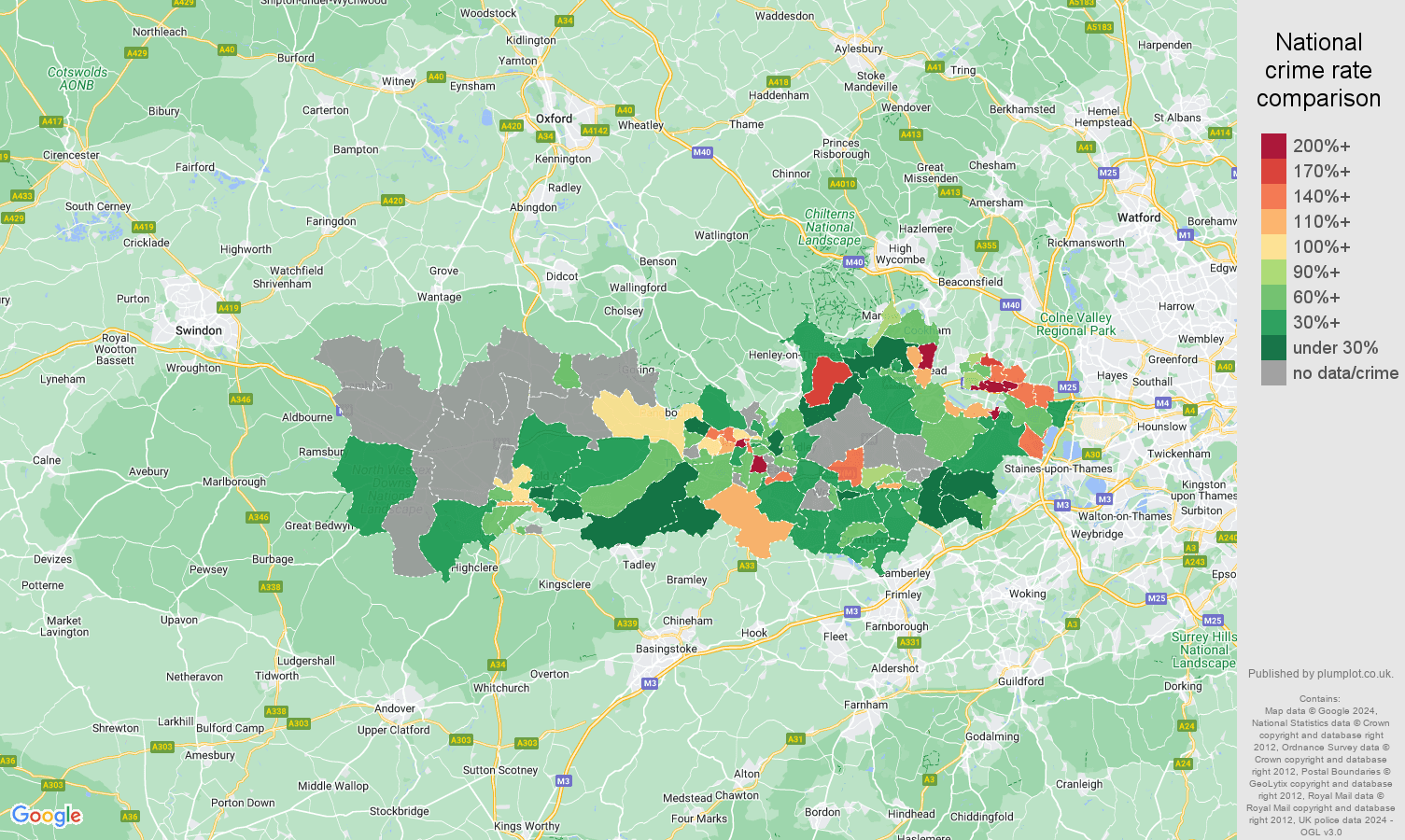 Berkshire possession of weapons crime rate comparison map