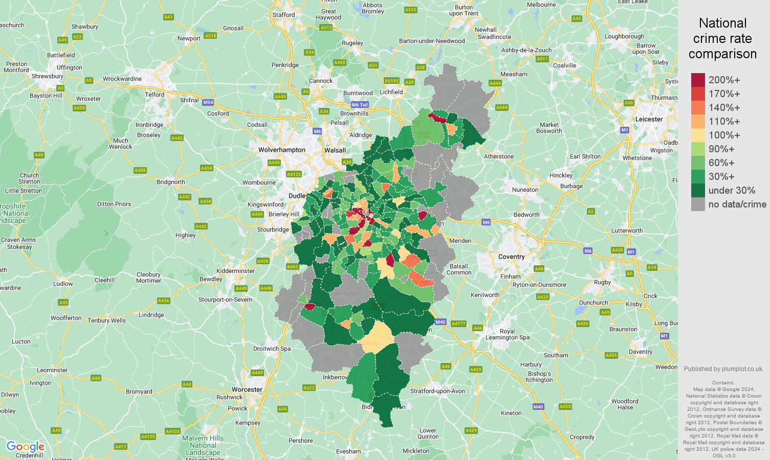 Birmingham bicycle theft crime rate comparison map