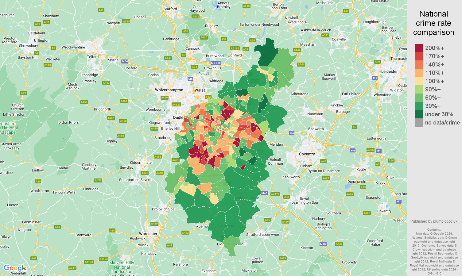 Birmingham criminal damage and arson crime rate comparison map