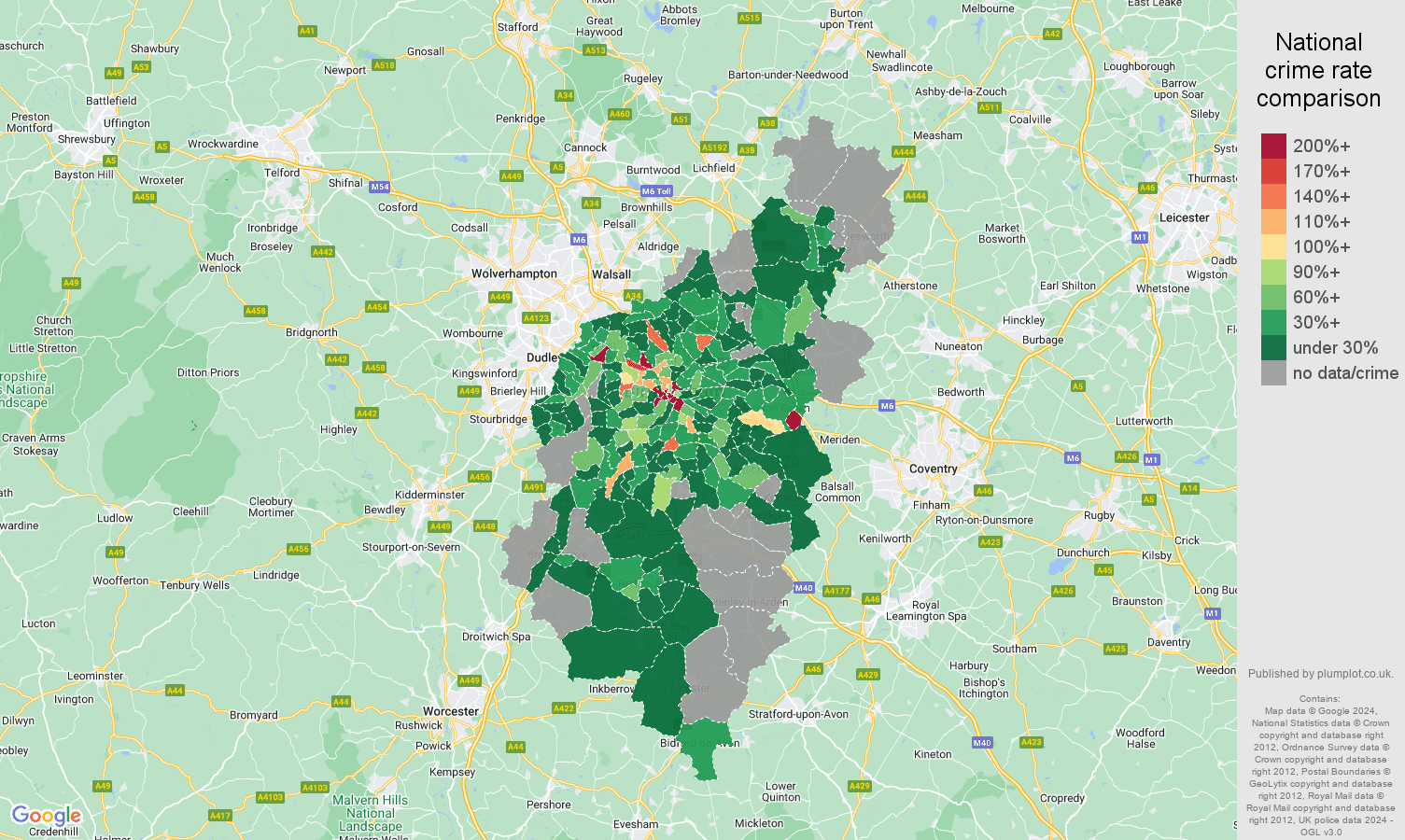 Birmingham theft from the person crime rate comparison map