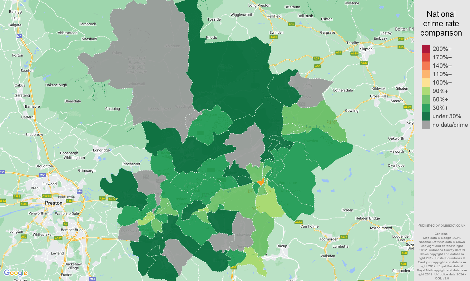 Blackburn bicycle theft crime rate comparison map