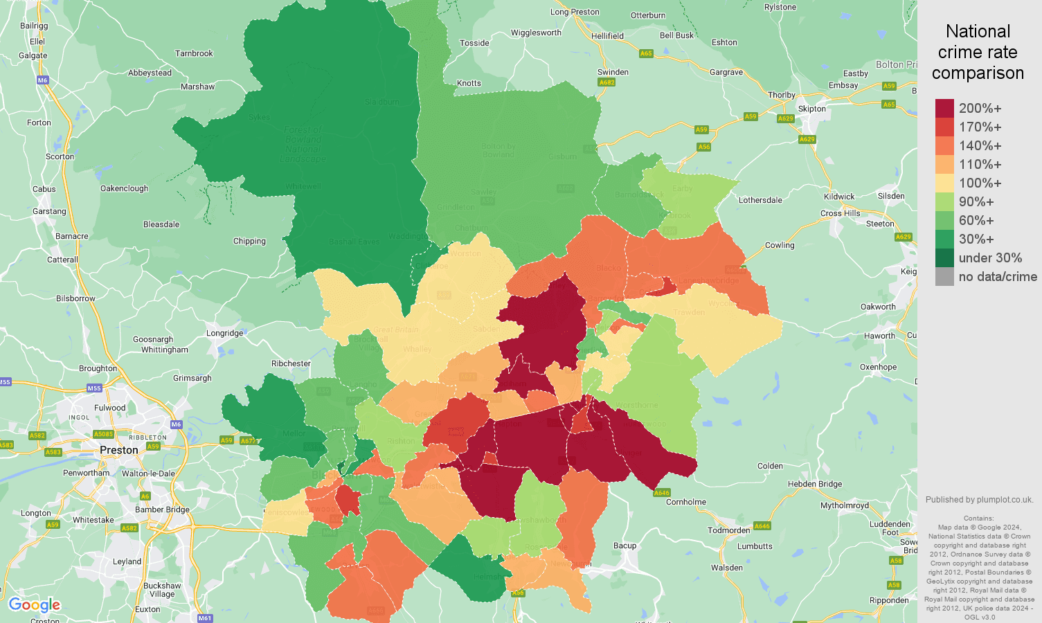 Blackburn burglary crime rate comparison map