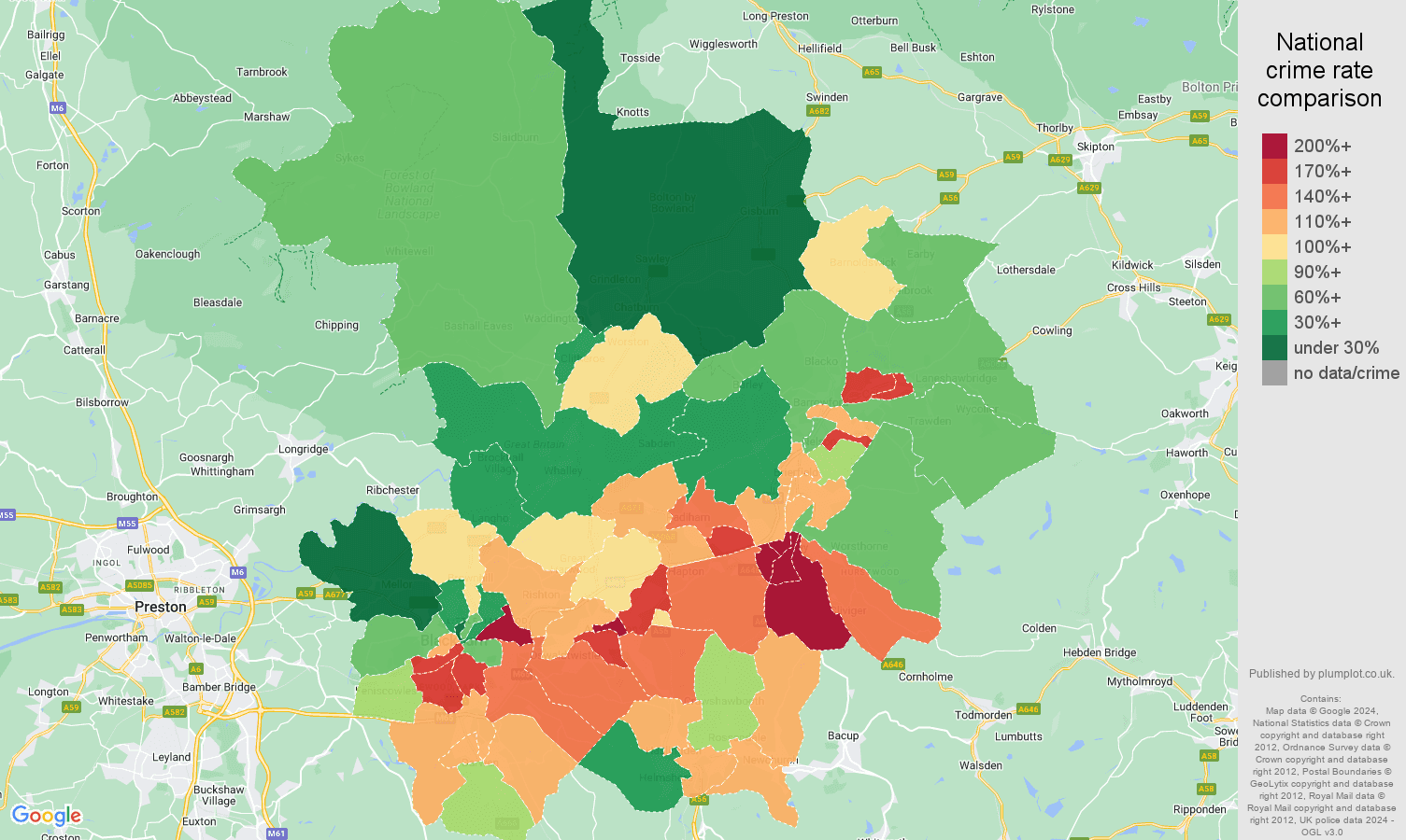 Blackburn criminal damage and arson crime rate comparison map