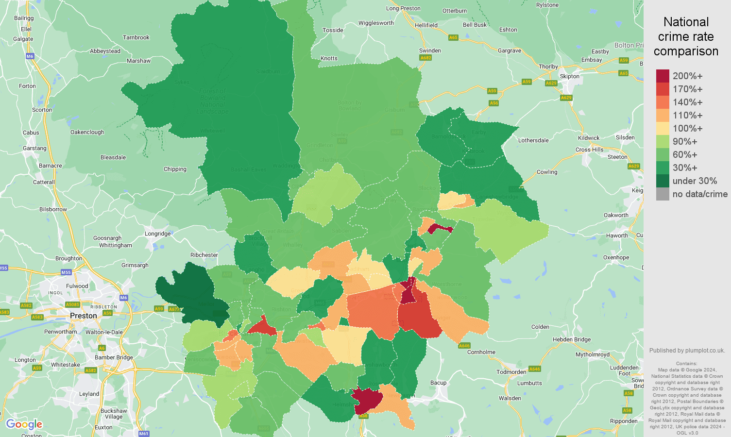 Blackburn other theft crime rate comparison map