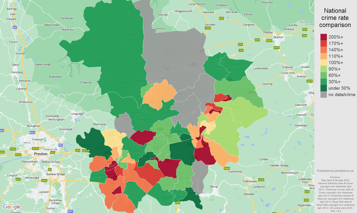 Blackburn possession of weapons crime rate comparison map