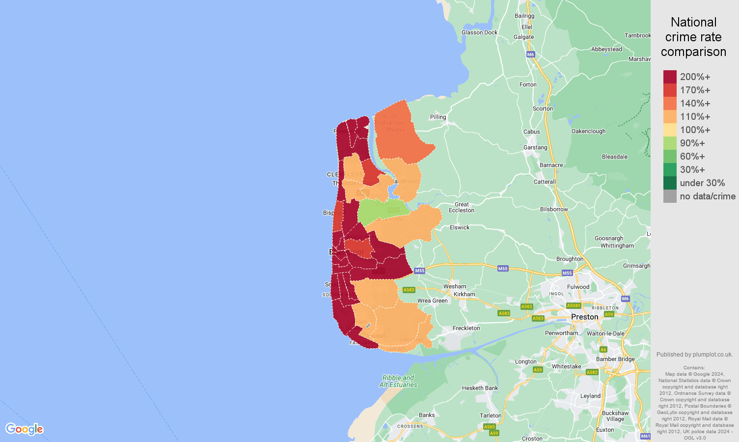 Blackpool antisocial behaviour crime rate comparison map