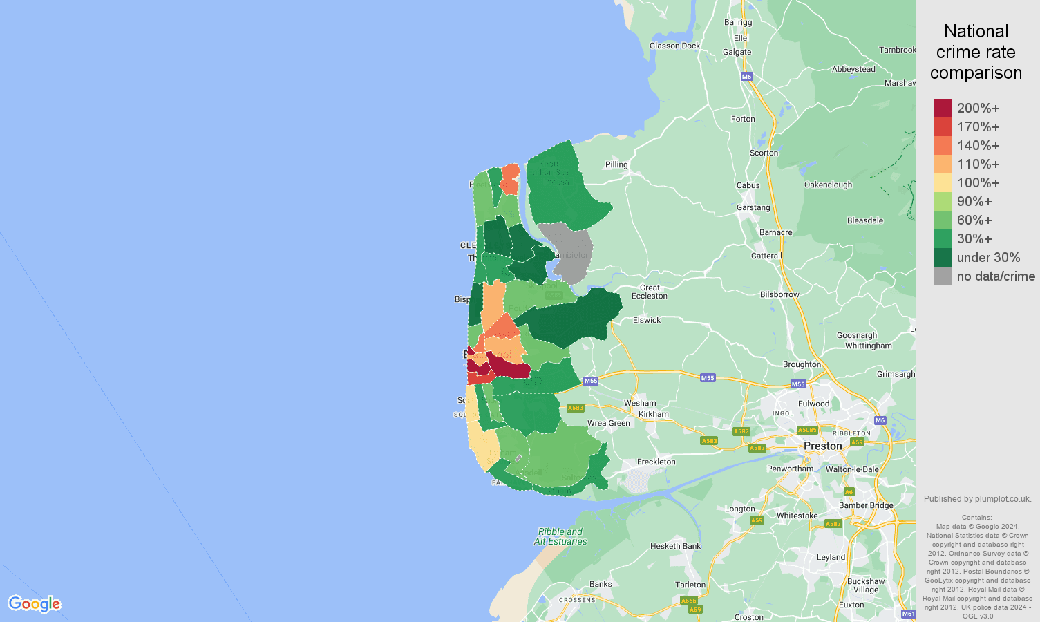 Blackpool bicycle theft crime rate comparison map