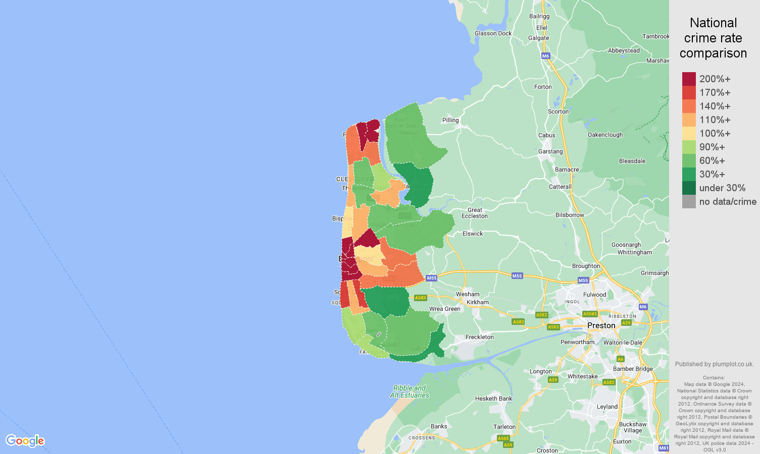 Blackpool criminal damage and arson crime rate comparison map