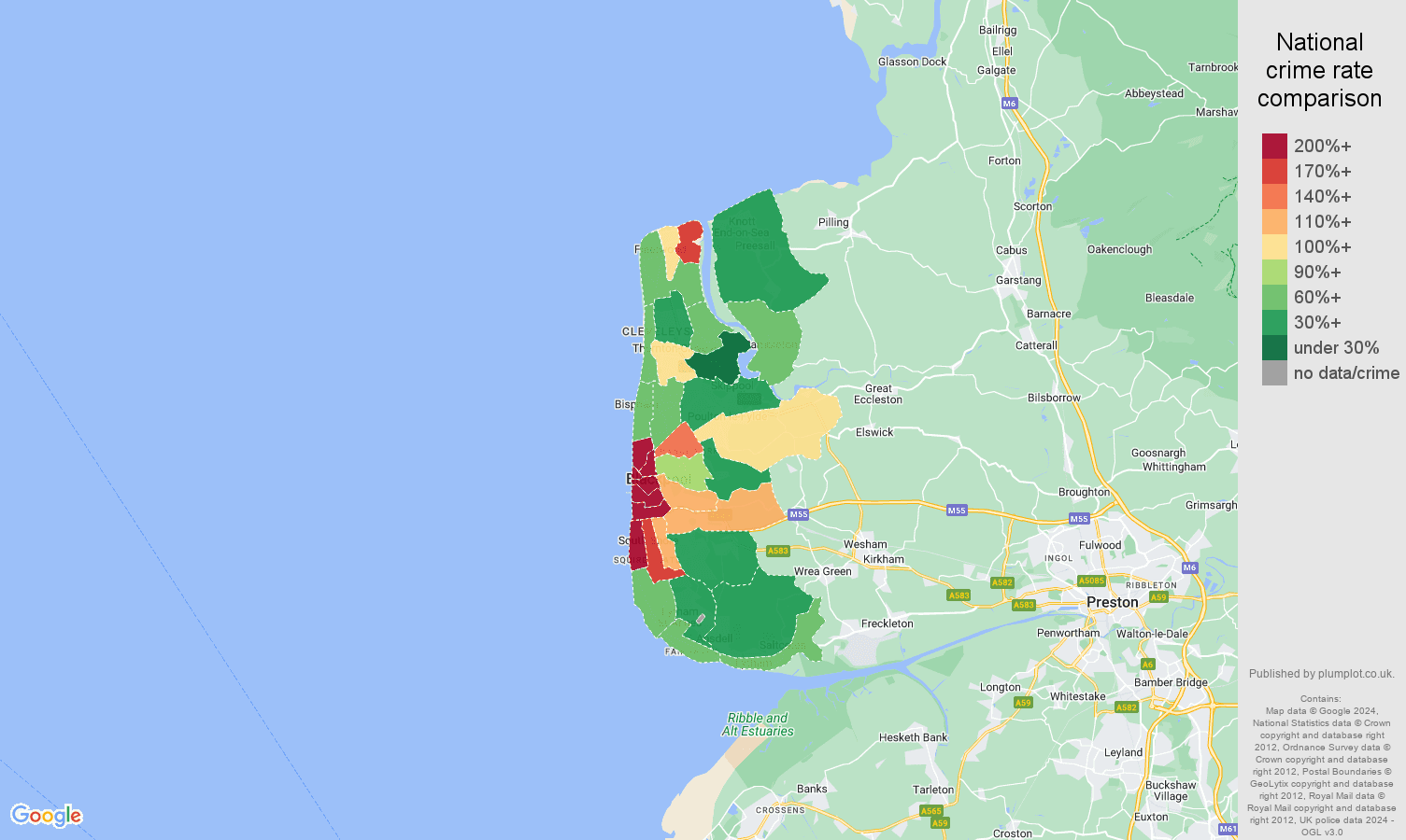 Blackpool other theft crime rate comparison map