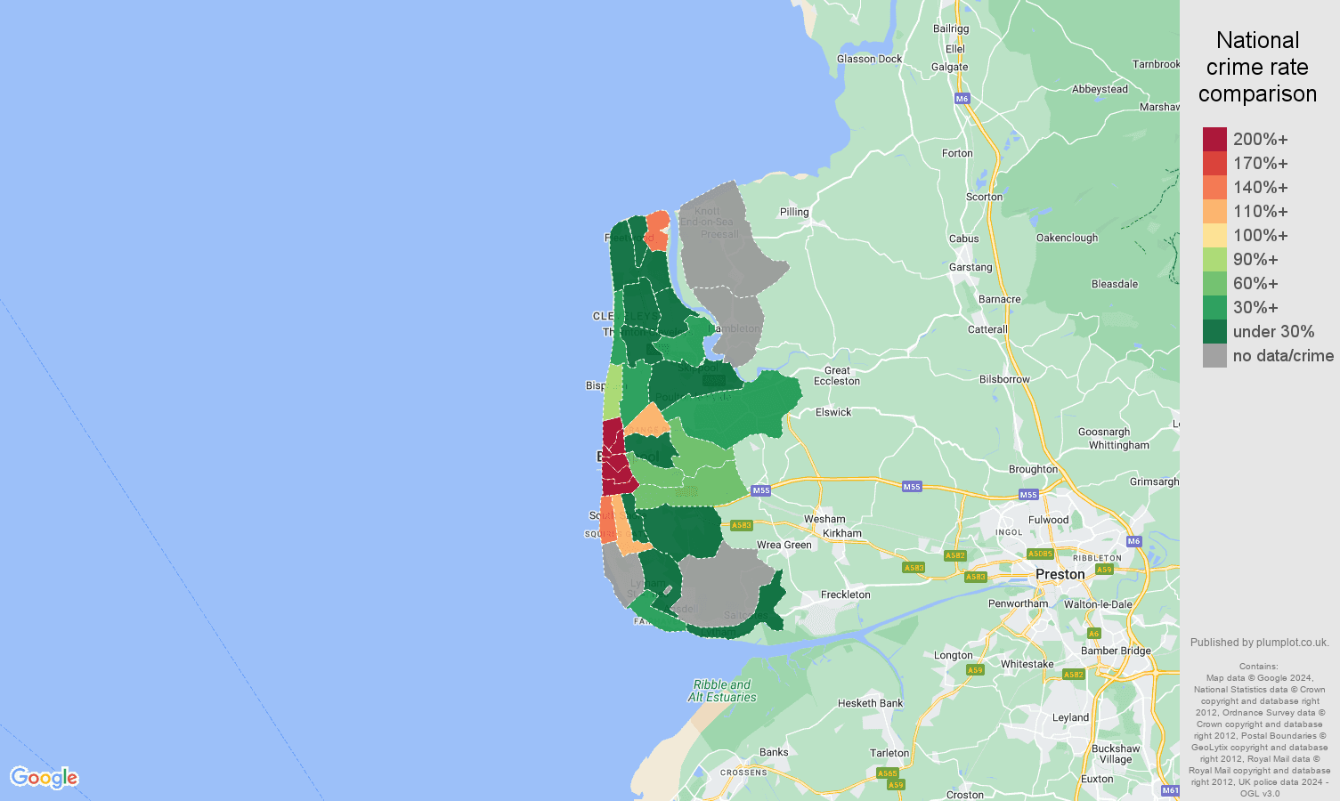Blackpool robbery crime rate comparison map