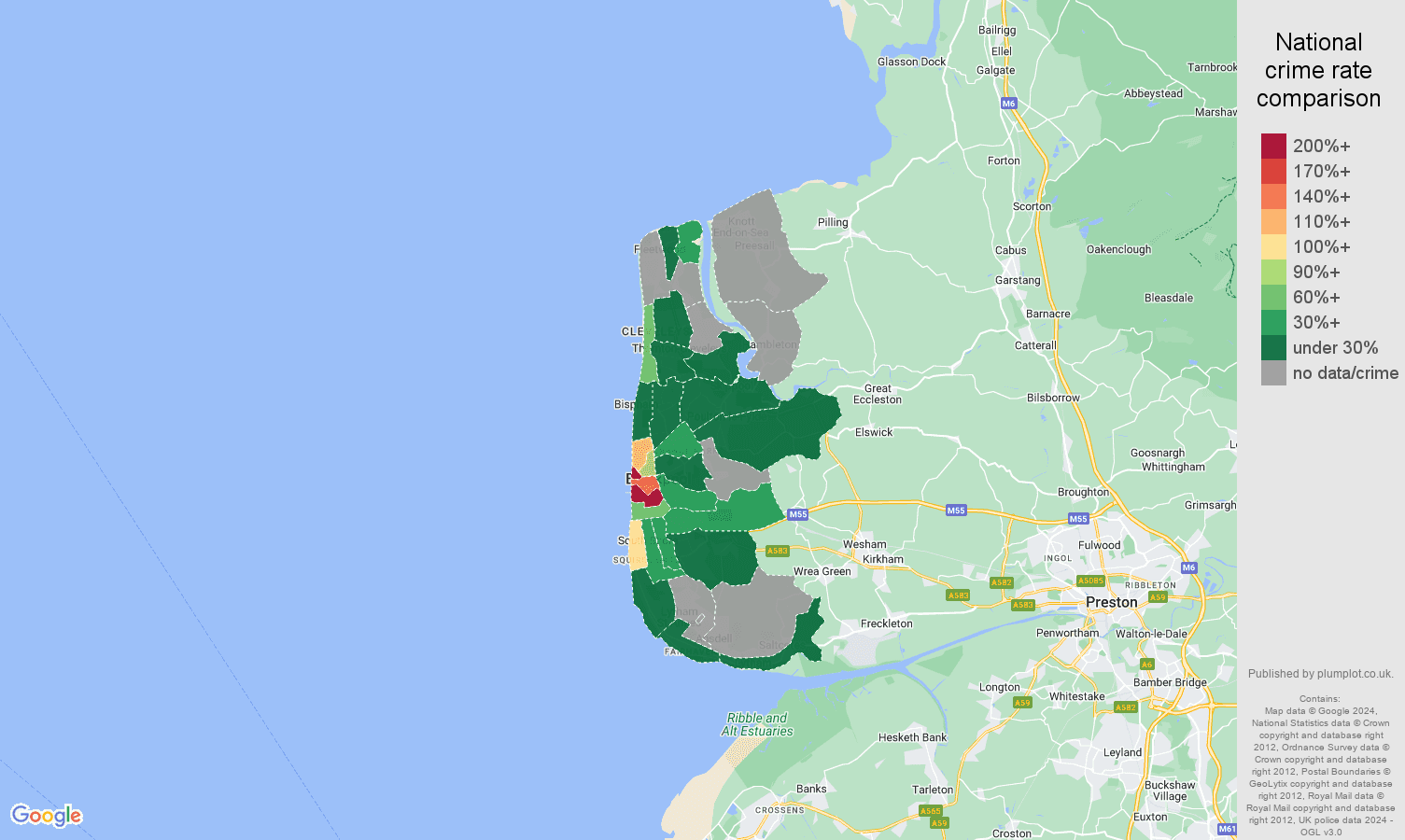 Blackpool theft from the person crime rate comparison map