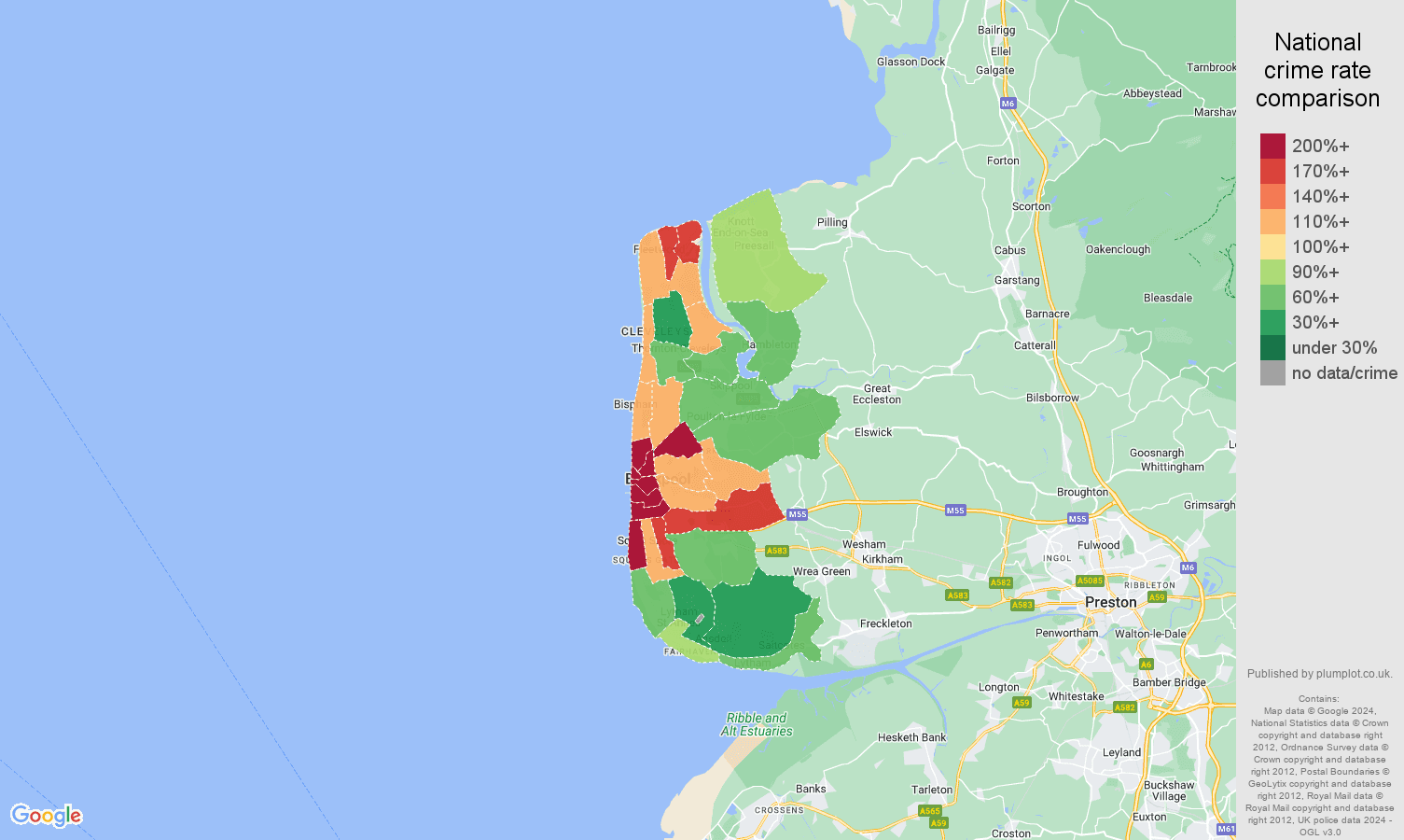 Blackpool violent crime rate comparison map