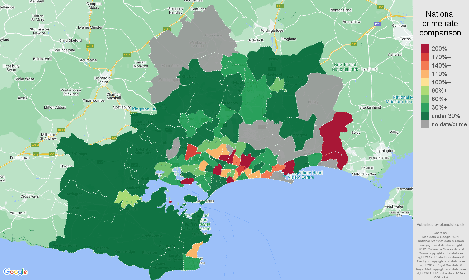 Bournemouth shoplifting crime rate comparison map