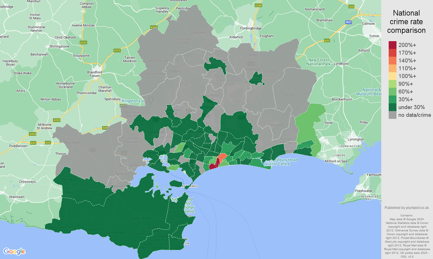 Bournemouth theft from the person crime rate comparison map