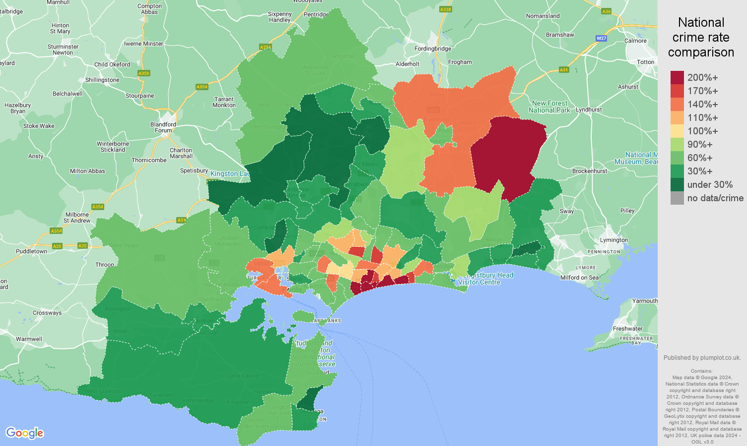 Bournemouth vehicle crime rate comparison map