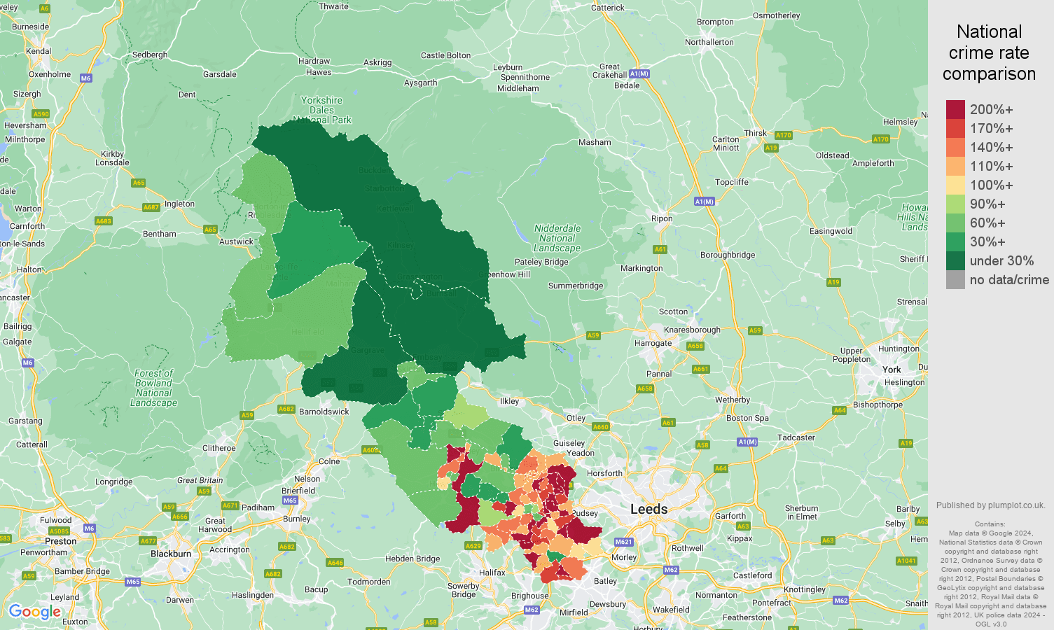 Bradford criminal damage and arson crime rate comparison map
