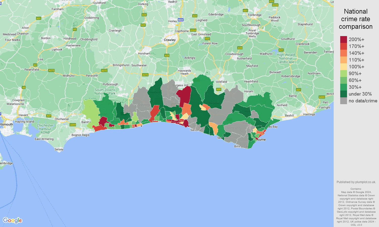 Brighton bicycle theft crime rate comparison map