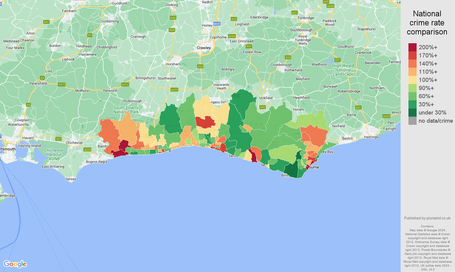 Brighton criminal damage and arson crime rate comparison map