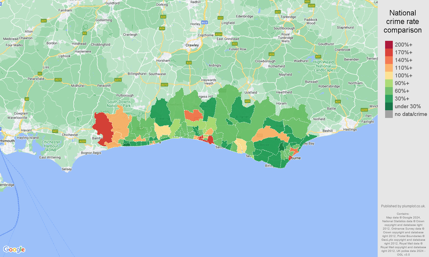 Brighton other theft crime rate comparison map