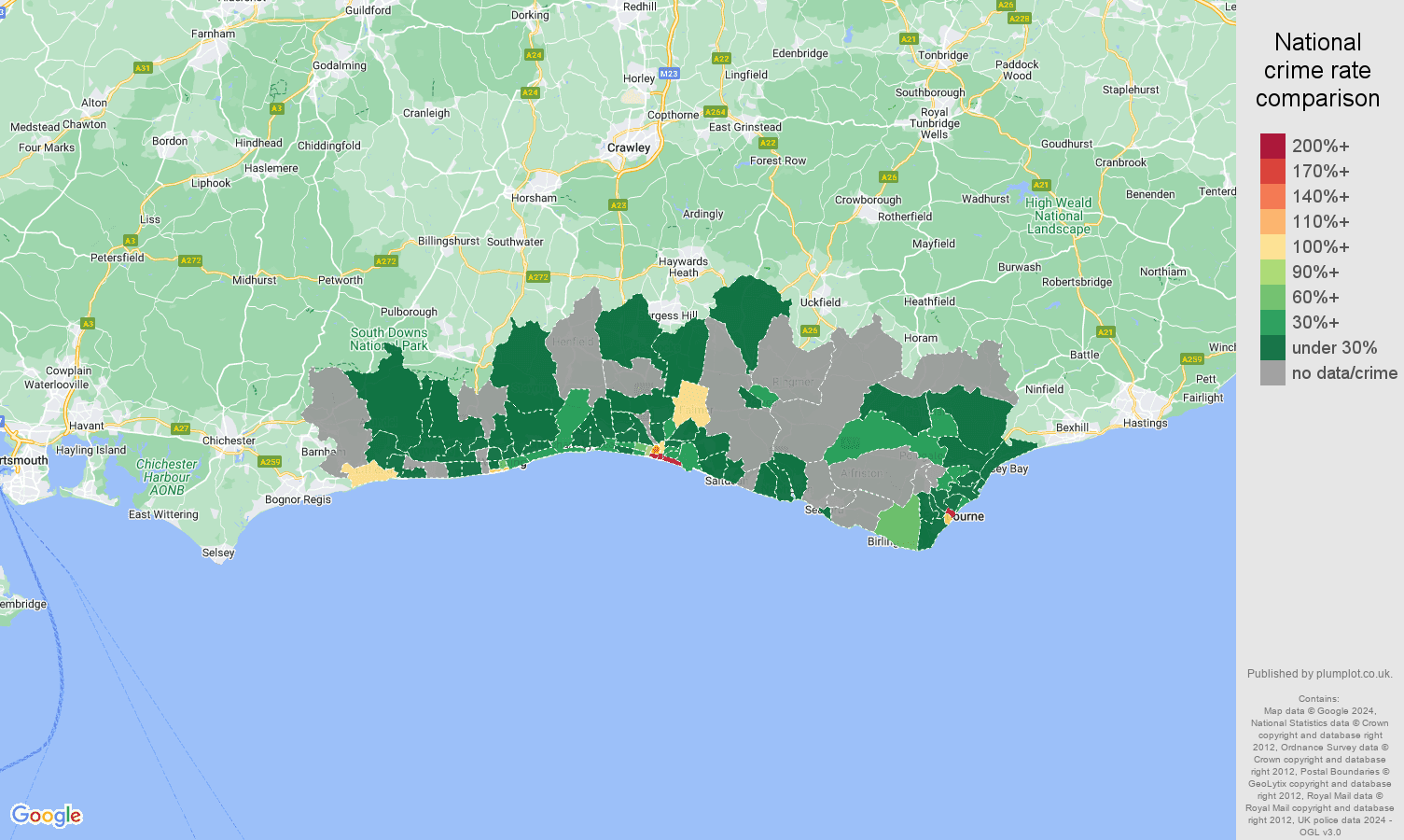 Brighton theft from the person crime rate comparison map