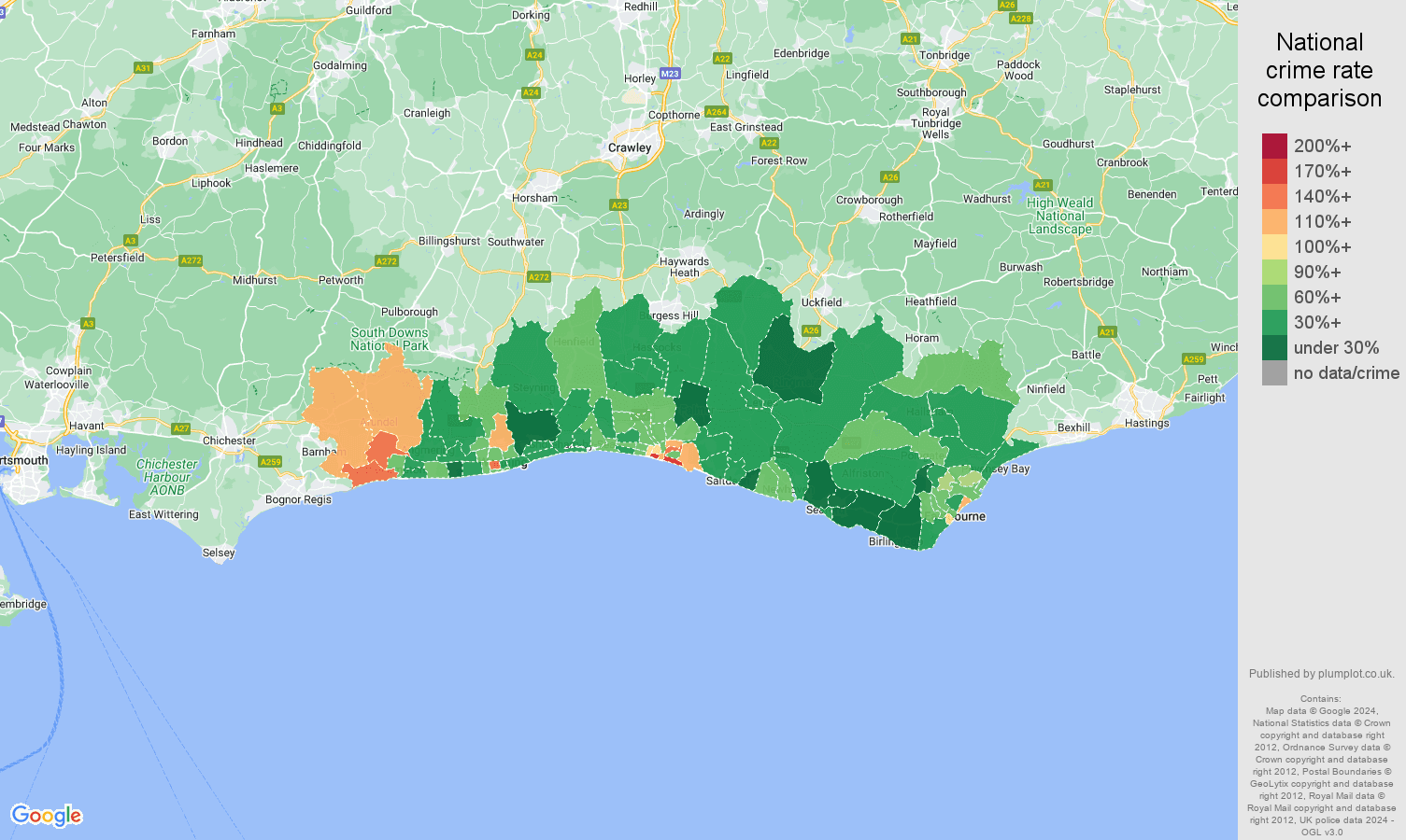 Brighton vehicle crime rate comparison map