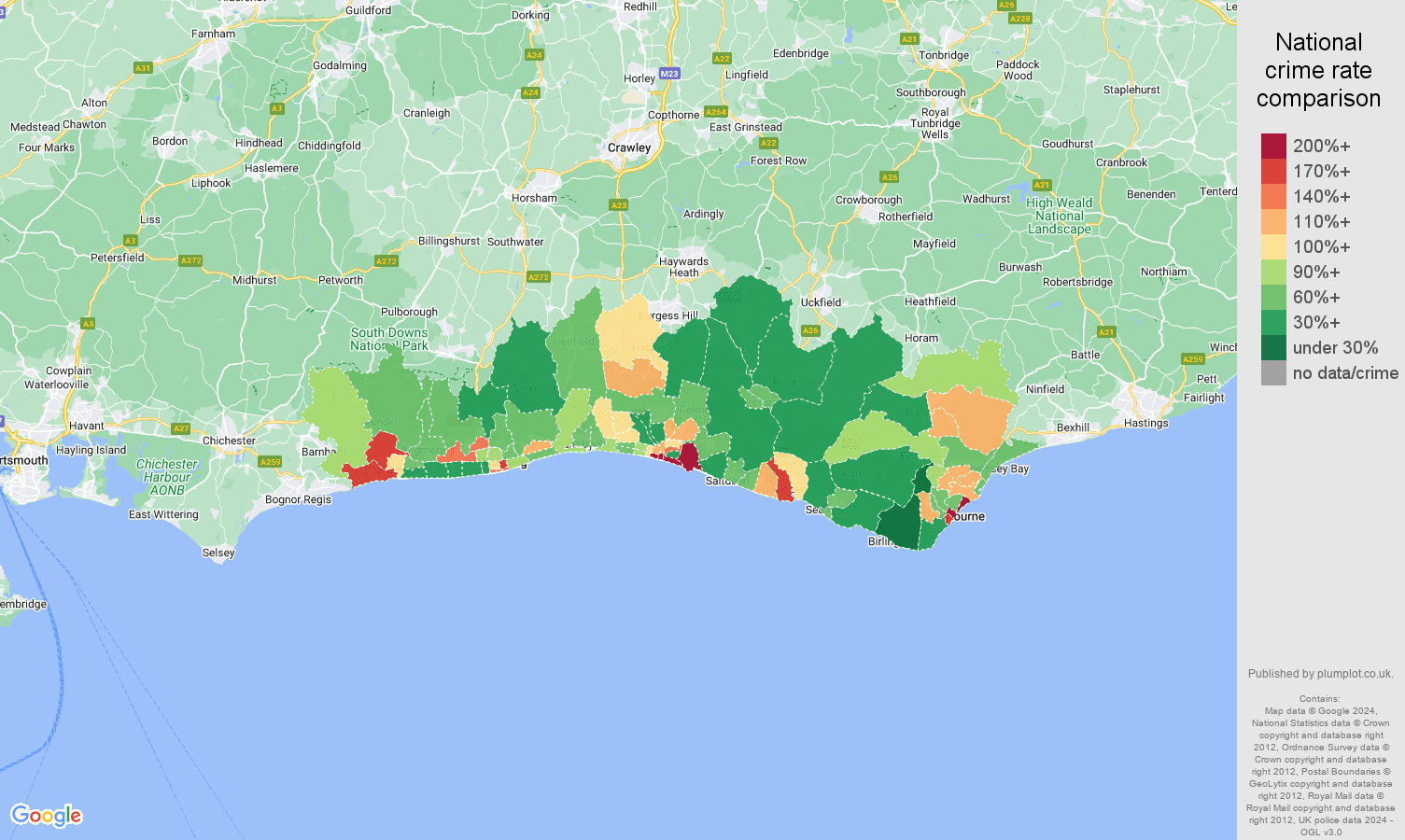 Brighton violent crime rate comparison map
