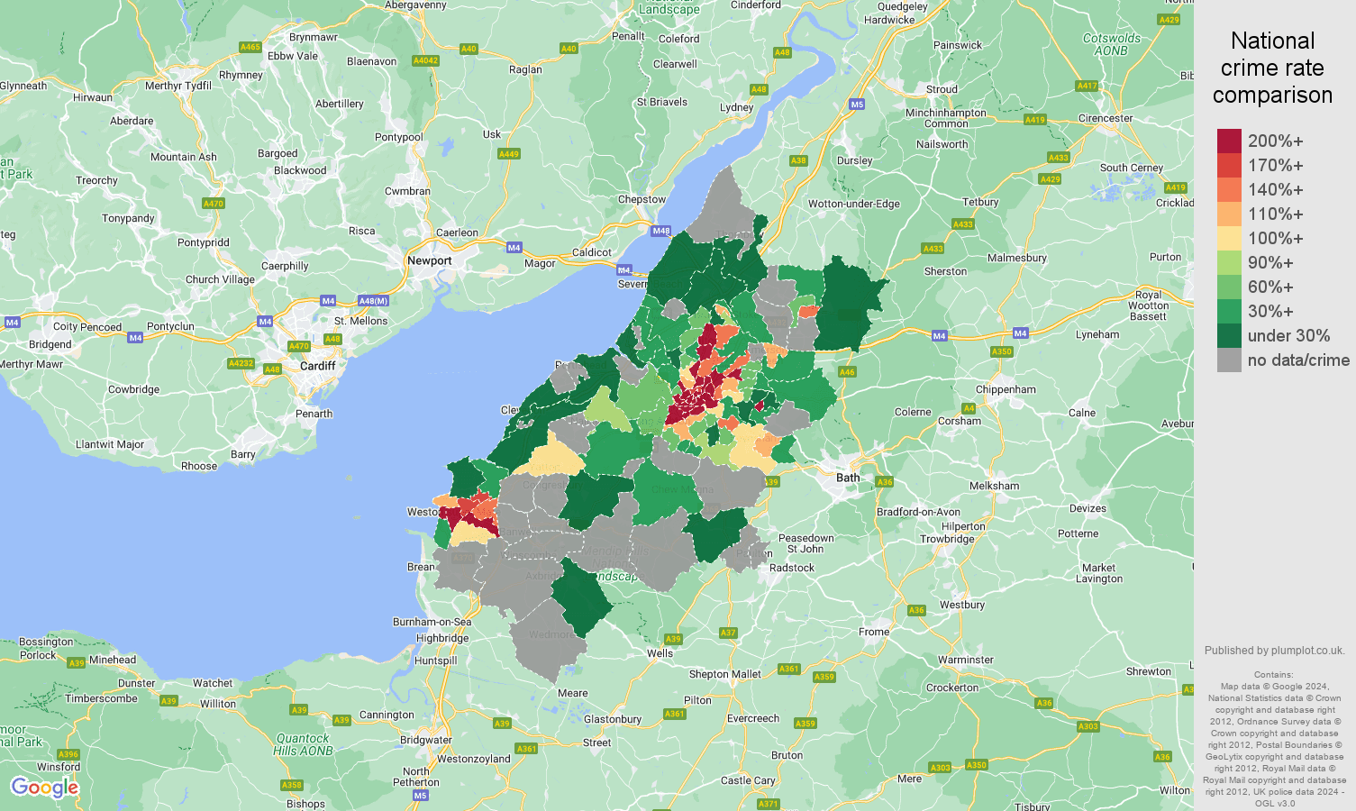 Bristol bicycle theft crime rate comparison map