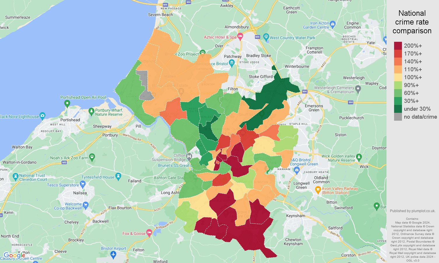 Bristol county antisocial behaviour crime rate comparison map