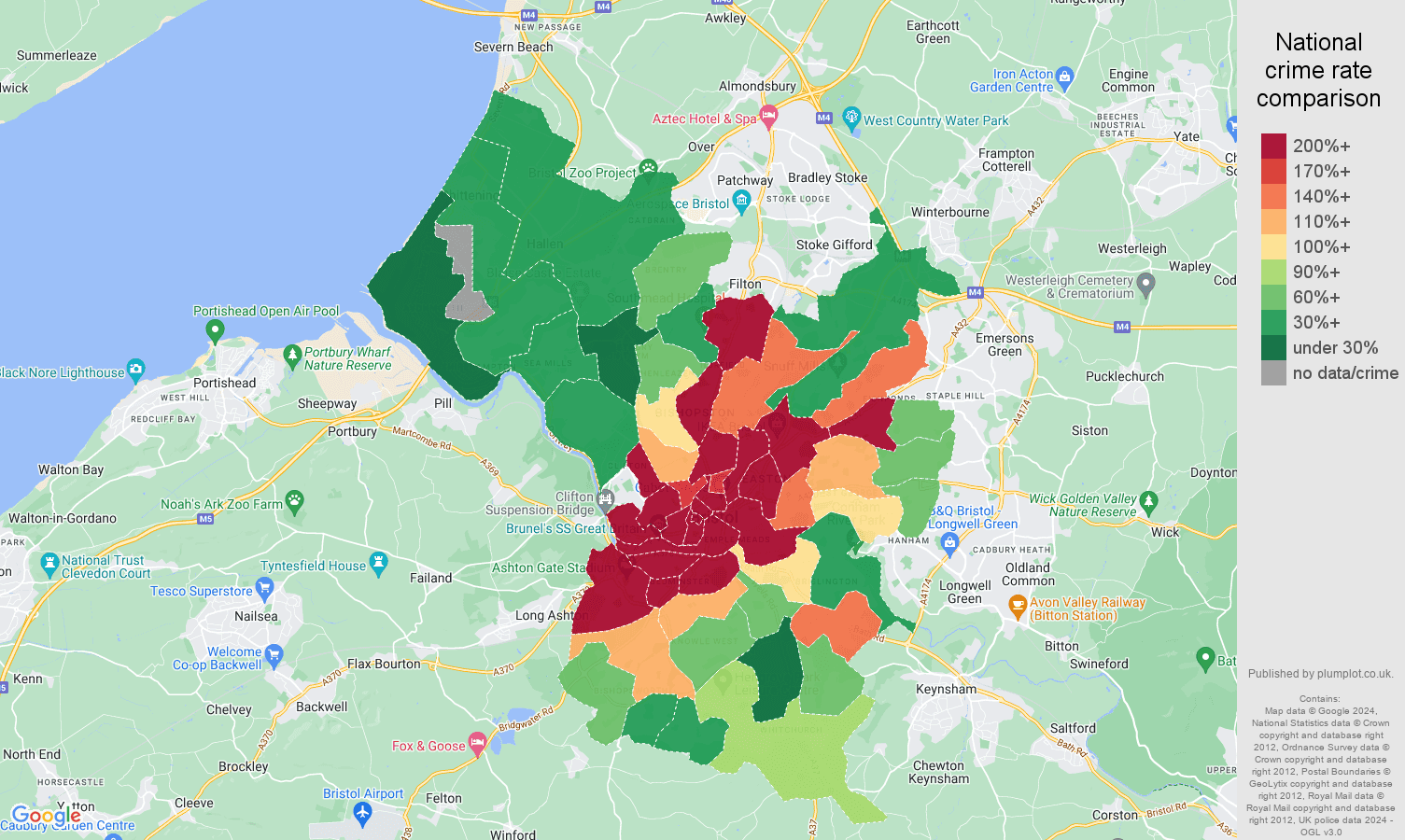 Bristol county bicycle theft crime rate comparison map