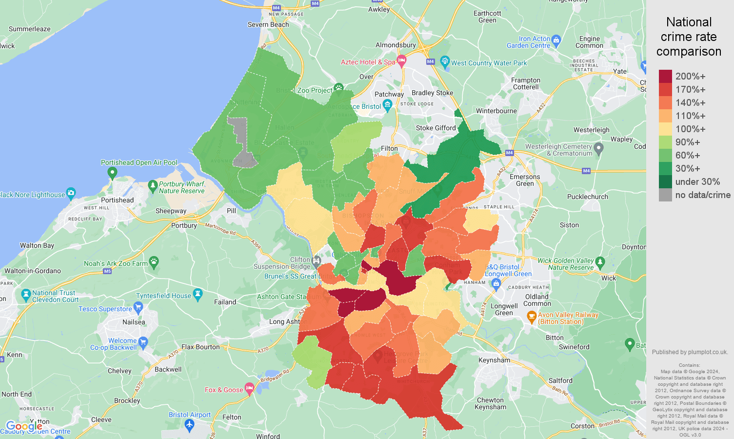 Bristol county burglary crime rate comparison map