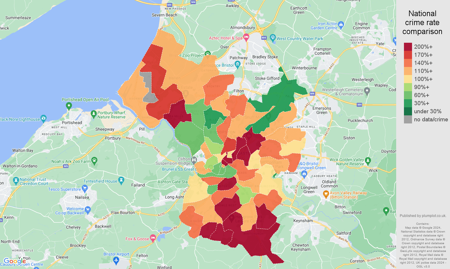 Bristol county criminal damage and arson crime rate comparison map