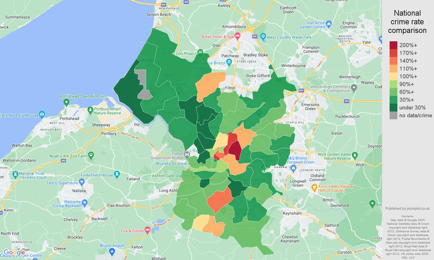 Bristol county drugs crime rate comparison map