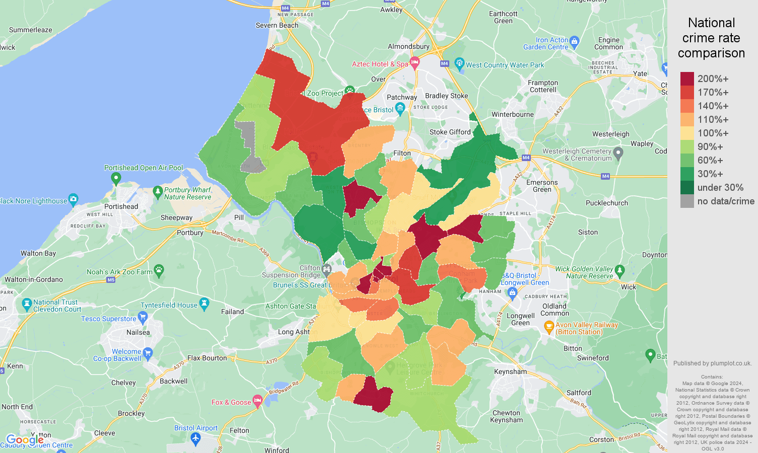 Bristol county other theft crime rate comparison map