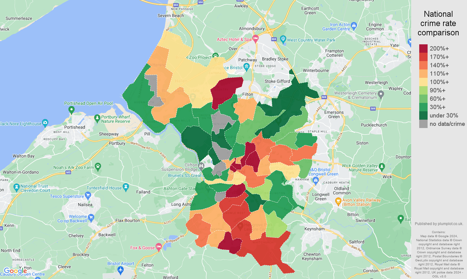 Bristol county possession of weapons crime rate comparison map