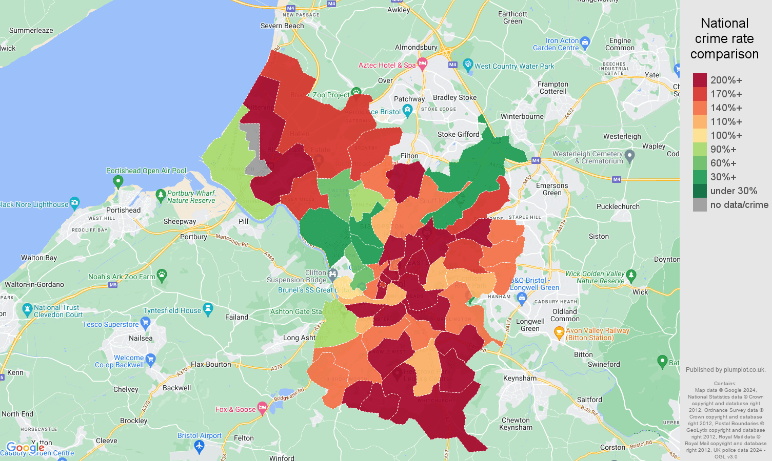 Bristol county public order crime rate comparison map