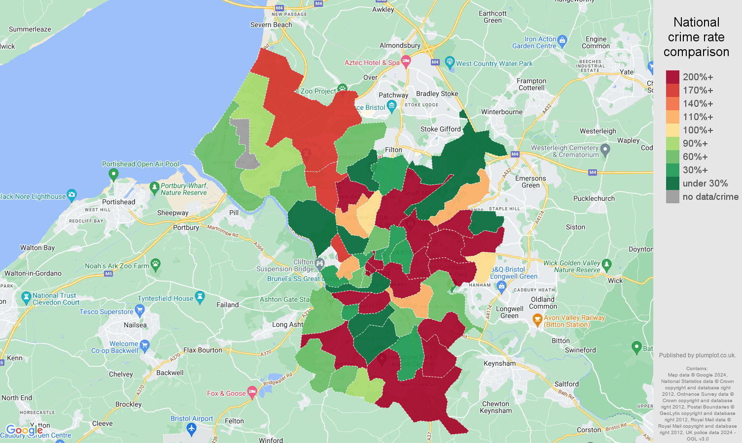 Bristol county shoplifting crime rate comparison map